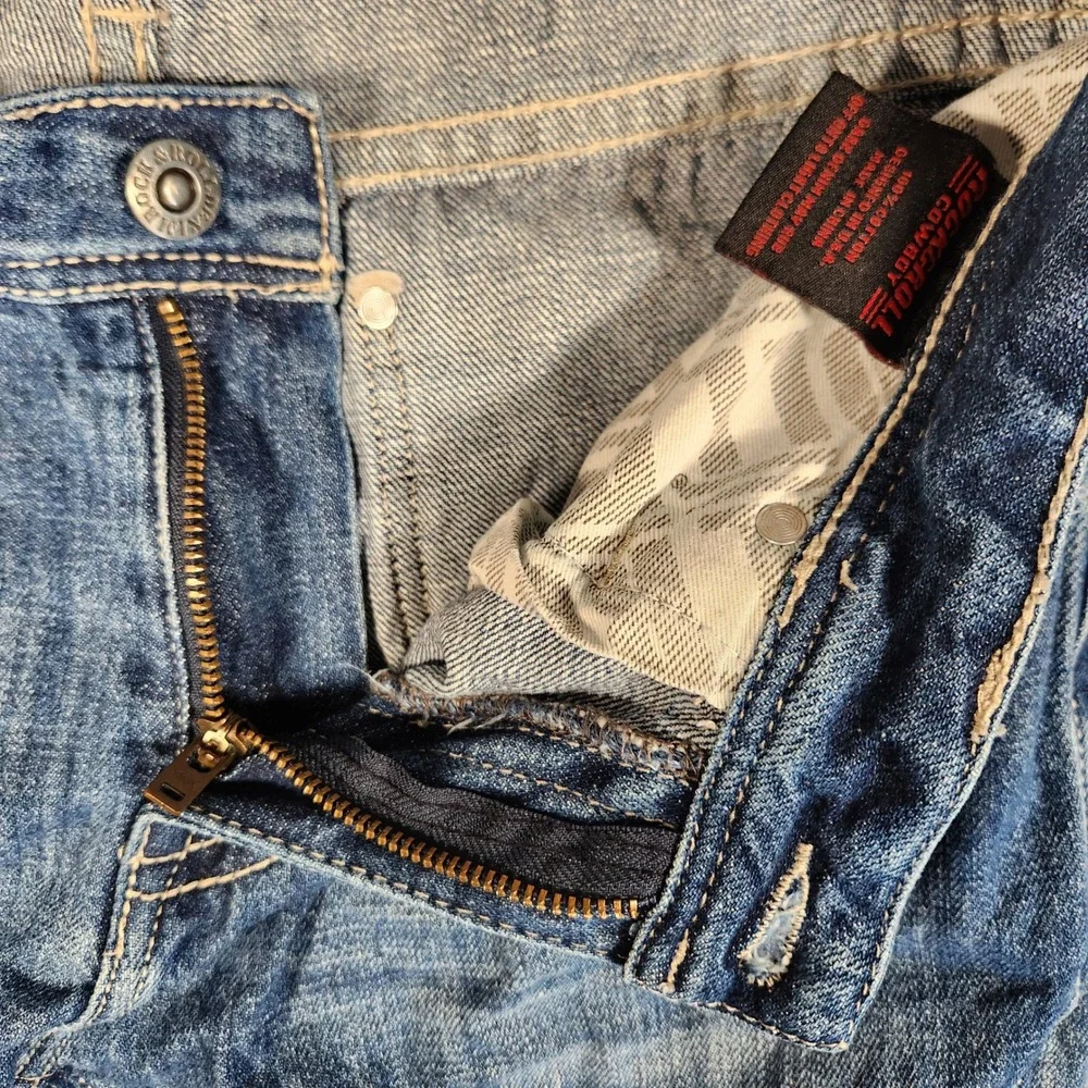 Rock and Roll Cowboy Pistol Straight Jeans Mens 33x36 Blue Excellent Regular Leg